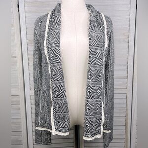 Anthropologie Black & White Geometric Open-Front Cardigan with Cream Trim